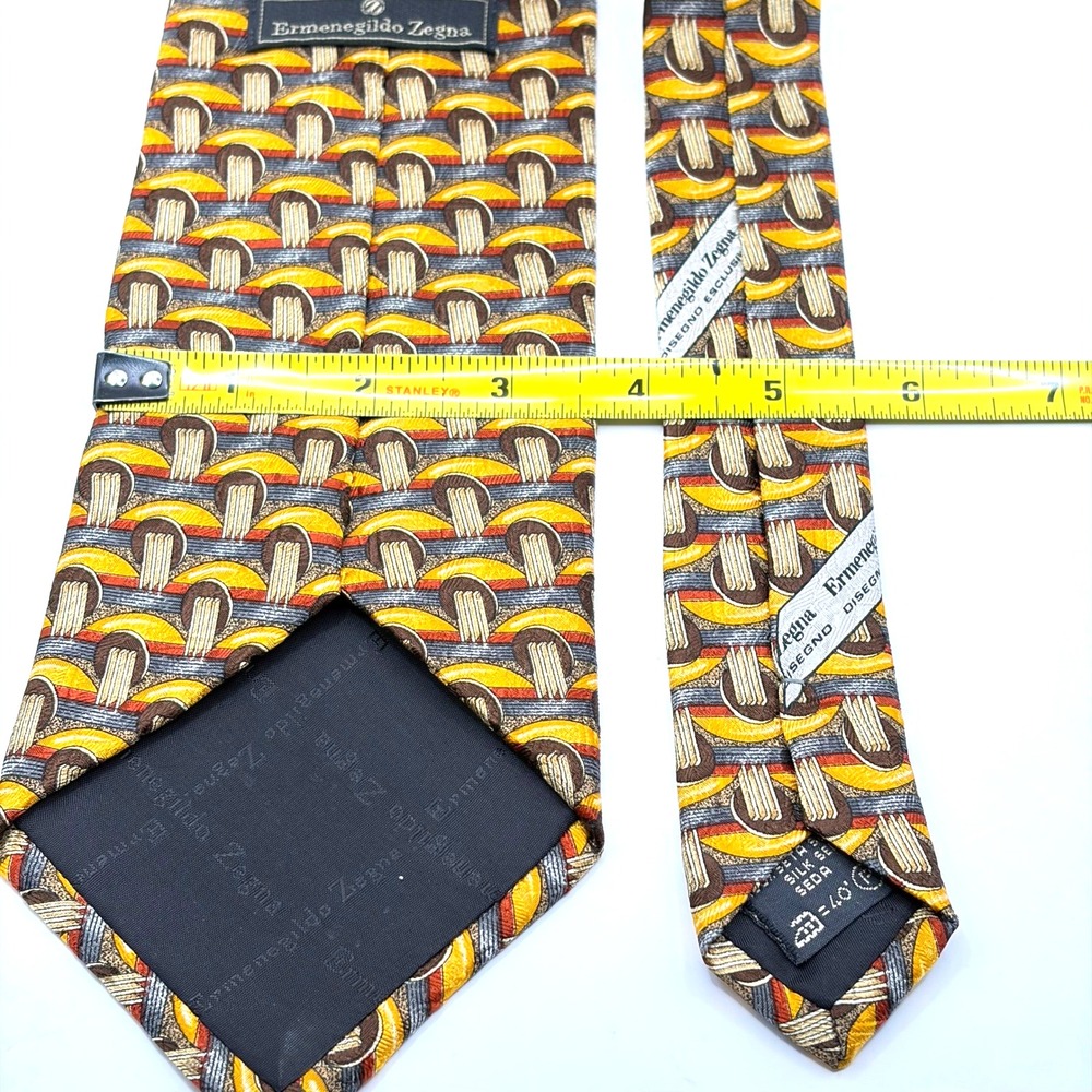 Ermenegildo Zegna Silk Tie Mens Yellow Brown Geometric Abstract Made in Italy - Picture 8 of 8